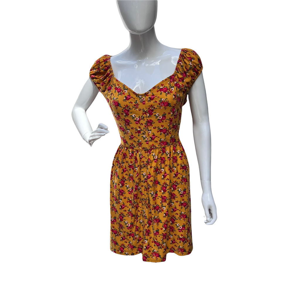 FLORAL Print Stretch A-Line Dress Puff Sleeve Yellow Size XXL